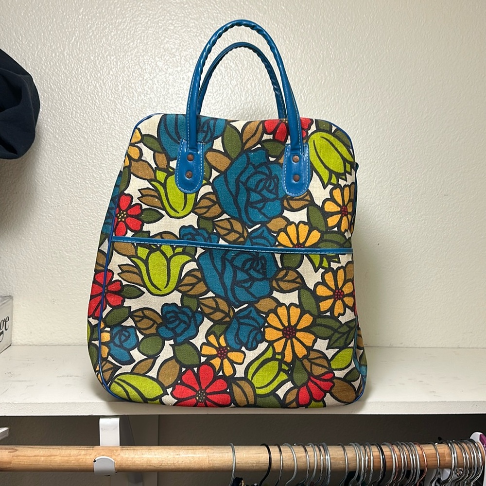 Floral Canvas Tote Bag with Blue Handles